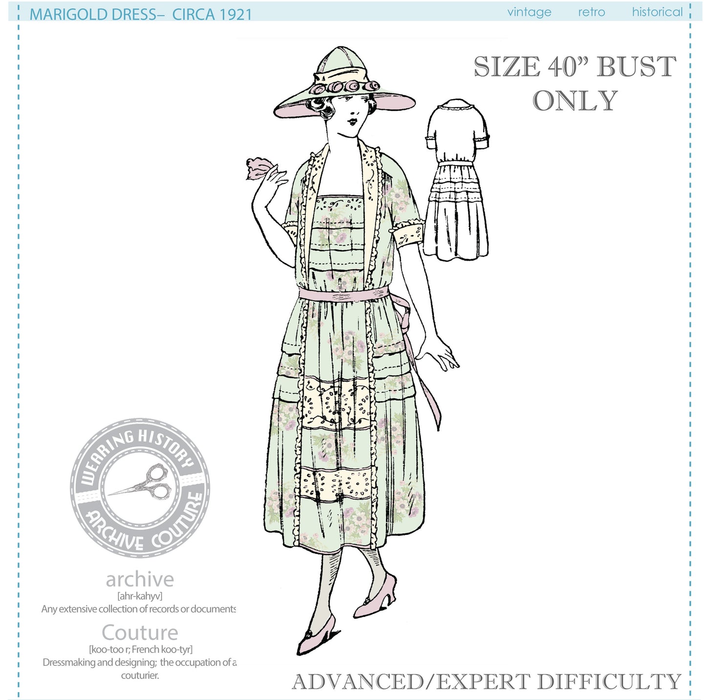 PRINTED PATTERN- Marigold- Circa 1921 Dress with Tucks- Bust 40