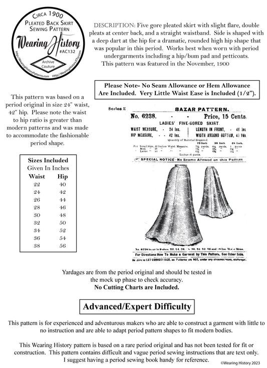 PRINTED PATTERN- 1900 Five Gored Skirt Pattern with Double Pleated Back