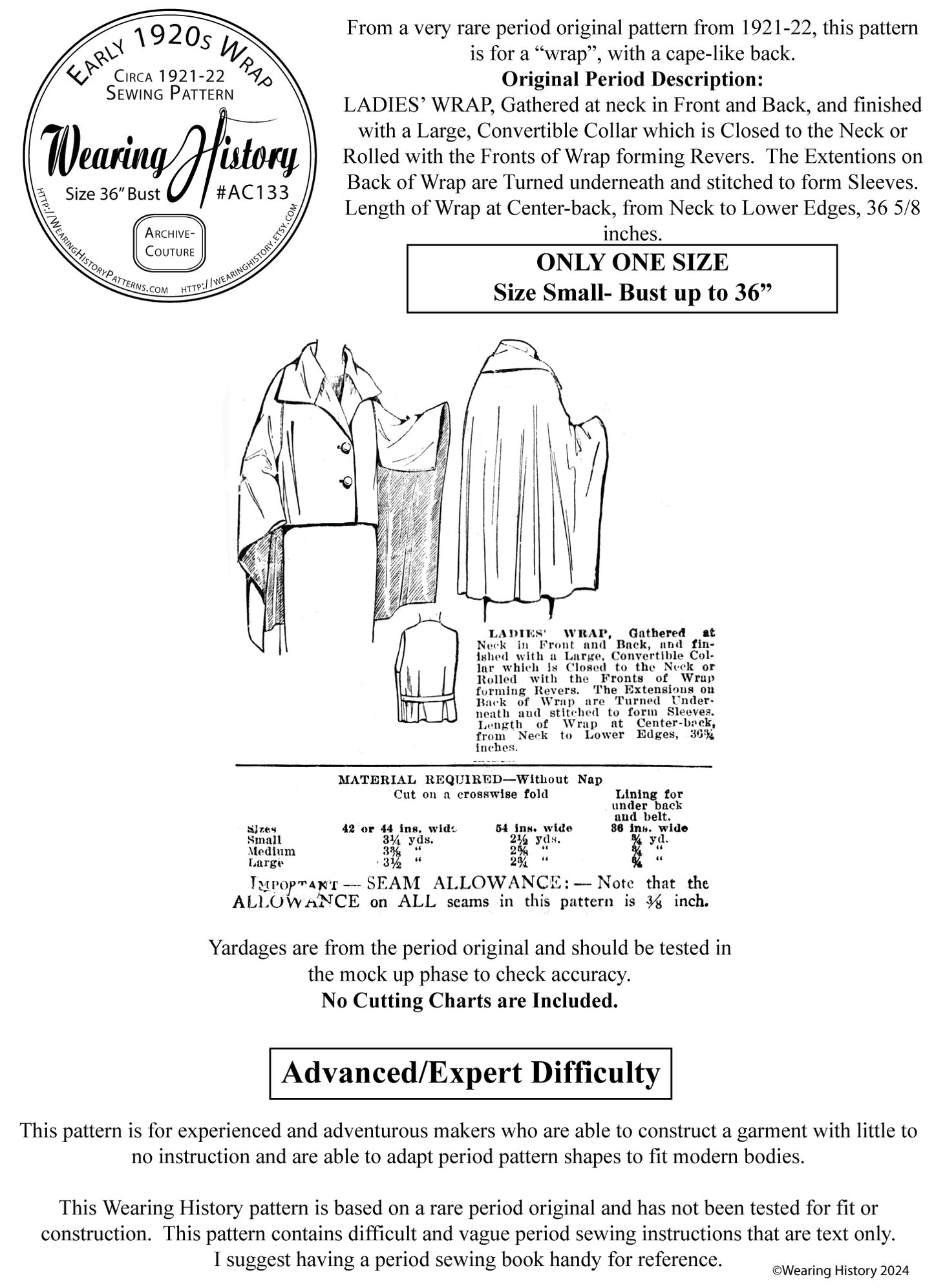 E-Pattern- Circa 1921-1922 Wrap- Size Small- Bust to 36"