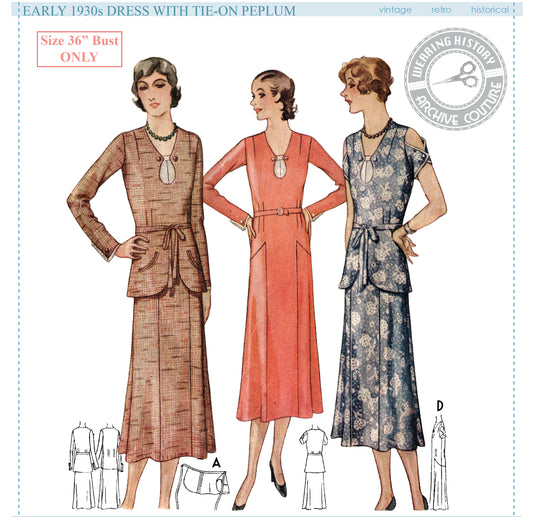 Printed Pattern- Early 1930s Dress with Tie-On Peplum- Bust 36