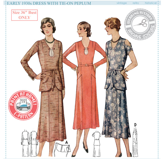 E-Pattern- Early 1930s Dress with Tie-On Peplum- Bust 36