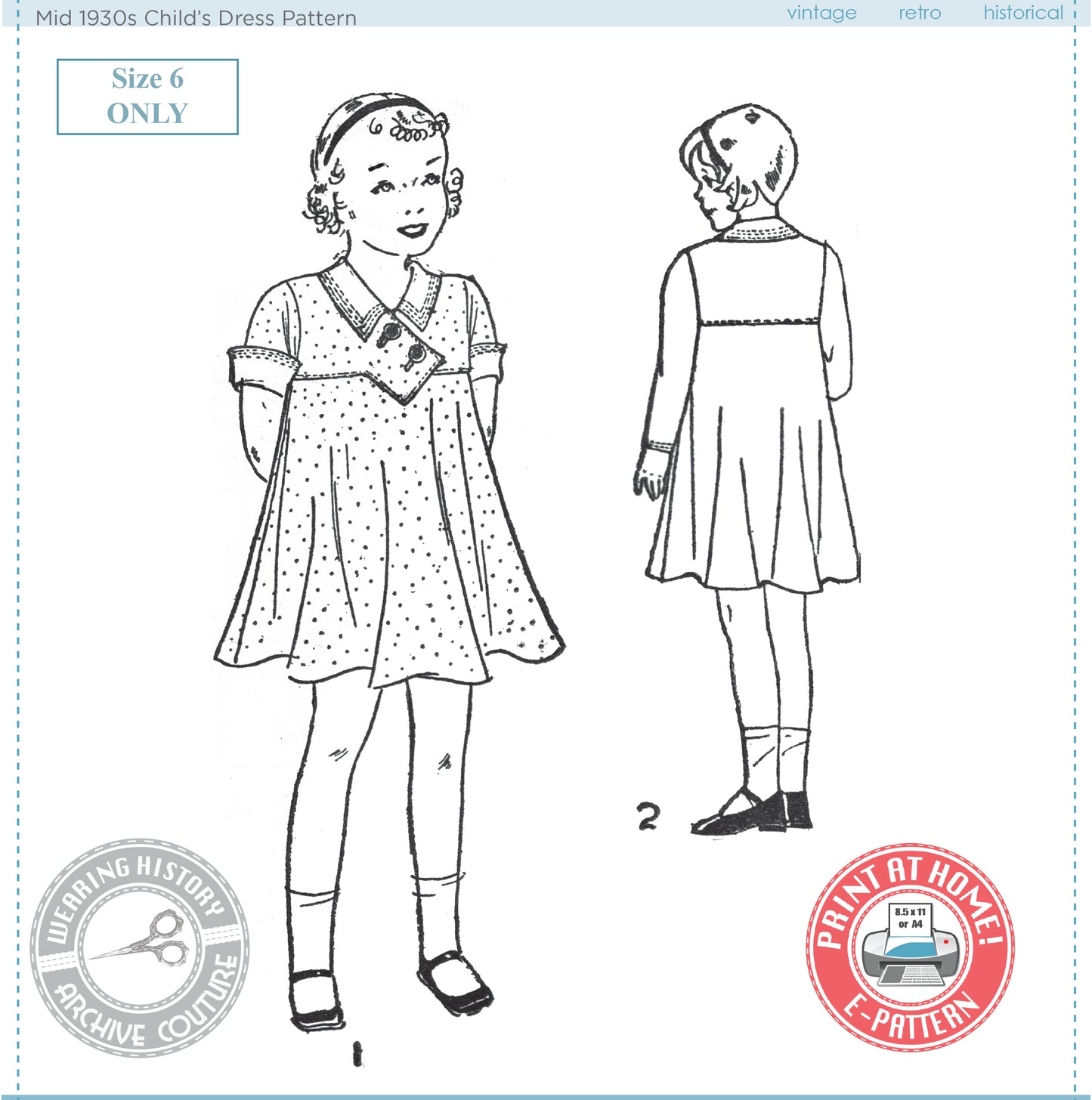 E-Pattern- Mid 1930's Childs Dress- Size 6