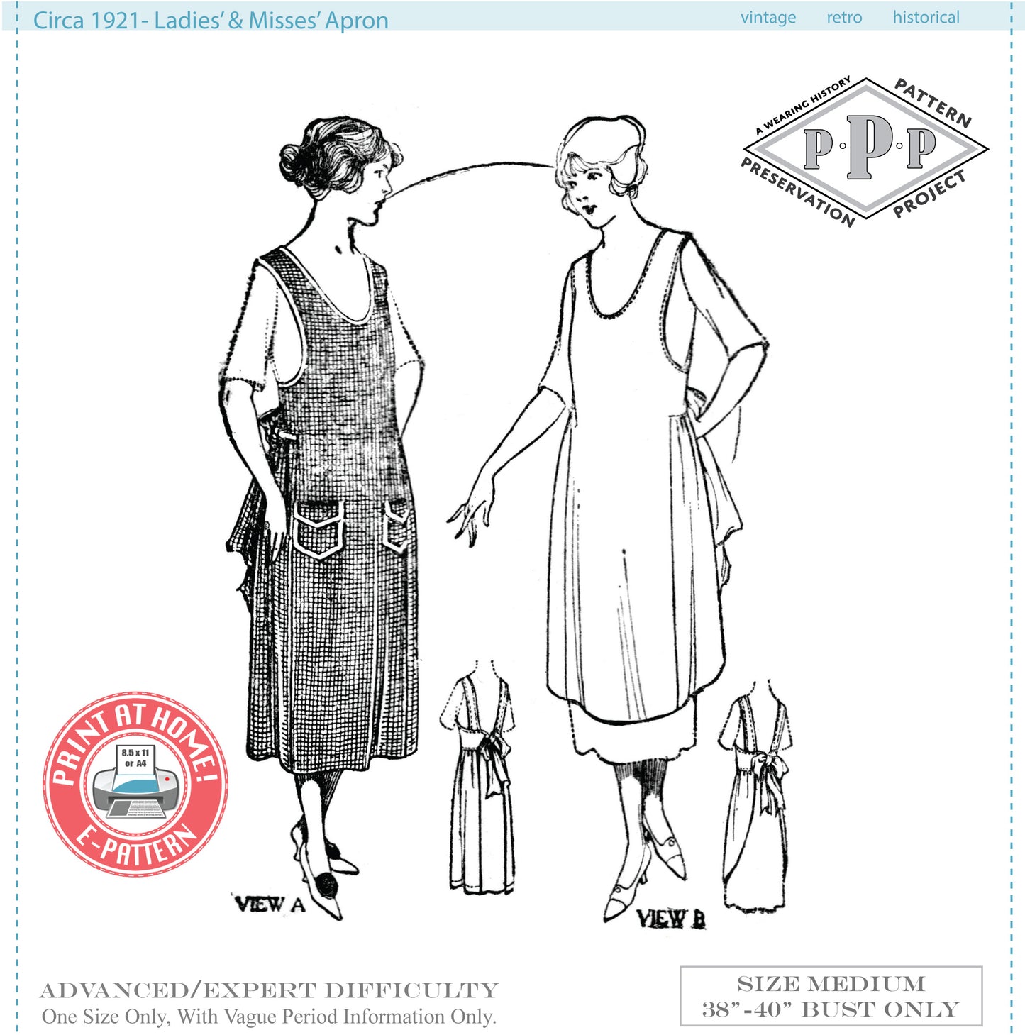 E-Pattern- Circa 1921 Ladies & Misses Apron Pattern- Size Medium- Bust 38-40