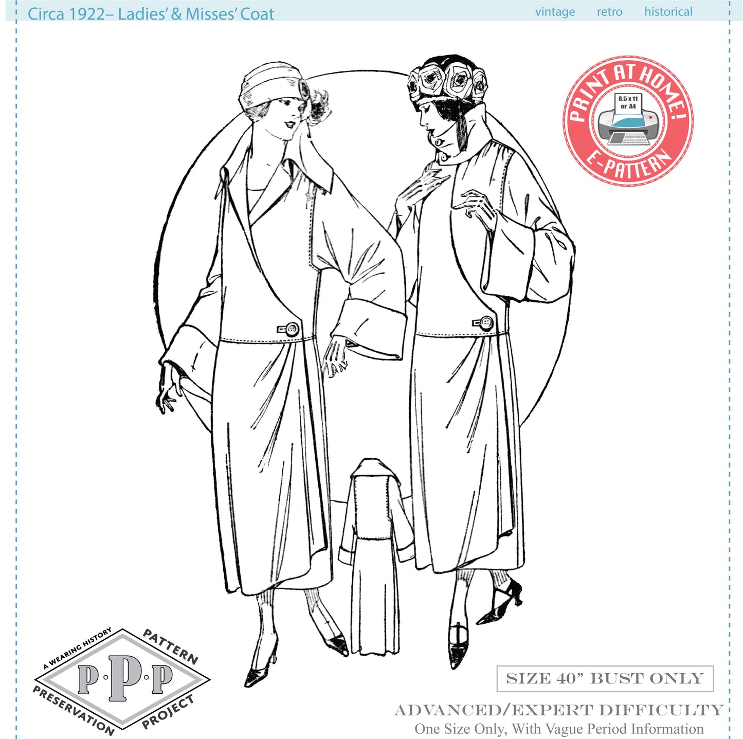 E-Pattern- Circa 1922 Ladies & Misses Coat Pattern- Size 40" Bust -1920s
