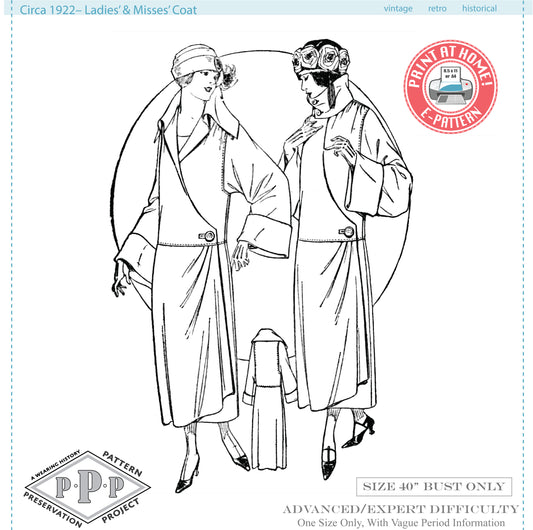 E-Pattern- Circa 1922 Ladies & Misses Coat Pattern- Size 40" Bust -1920s