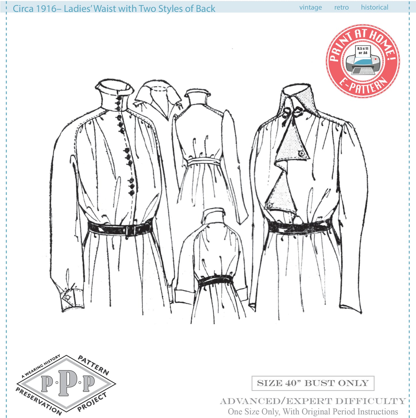 E-PATTERN- Circa 1916 Tailored Waist with Two Backs- Size 40" Bust PDF