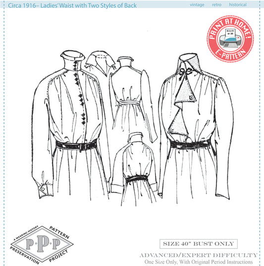 E-PATTERN- Circa 1916 Tailored Waist with Two Backs- Size 40" Bust PDF