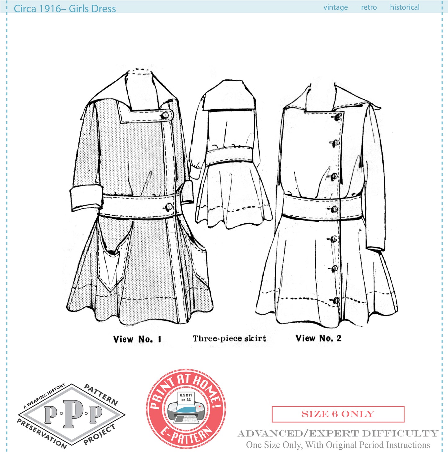 E-Pattern- Circa 1916 Girl's Dress- Size 6