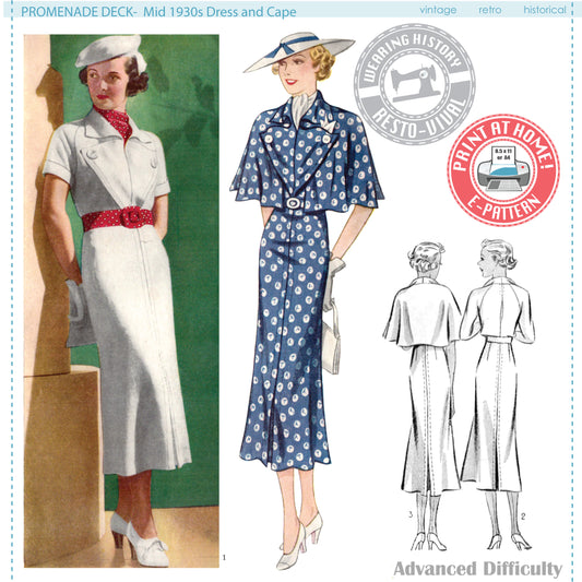 E-PATTERN- Mid 1930s Dress & Cape Pattern- Bust 30-44"- "Promenade Deck"