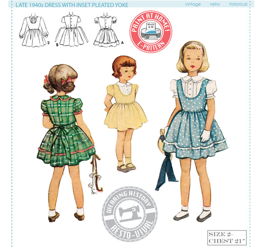 E-PATTERN- Late 1940's Girl's Size 2 Dress with Pleated Inset Yoke Pattern