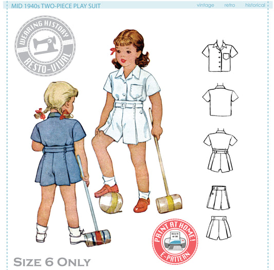 E-Pattern- Size 6- Mid 1940's Child's Two Piece Play Suit- Shorts Blouse