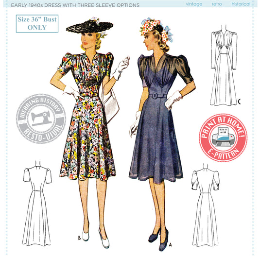 E-Pattern- Early 1940s Dress- Bust 36"- With Three Sleeve Options