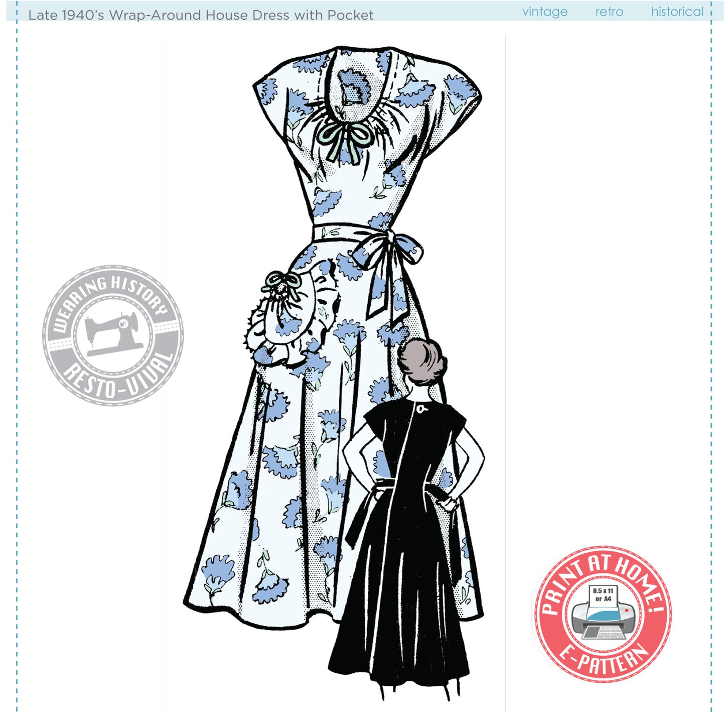 E-Pattern- Late 1940s Wrap Around House Dress with Pocket- Size 30"-42" Bust