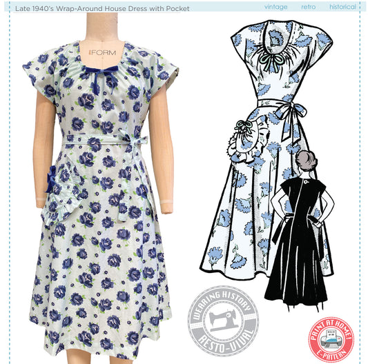 E-Pattern- Late 1940s Wrap Around House Dress with Pocket- Size 30"-42" Bust