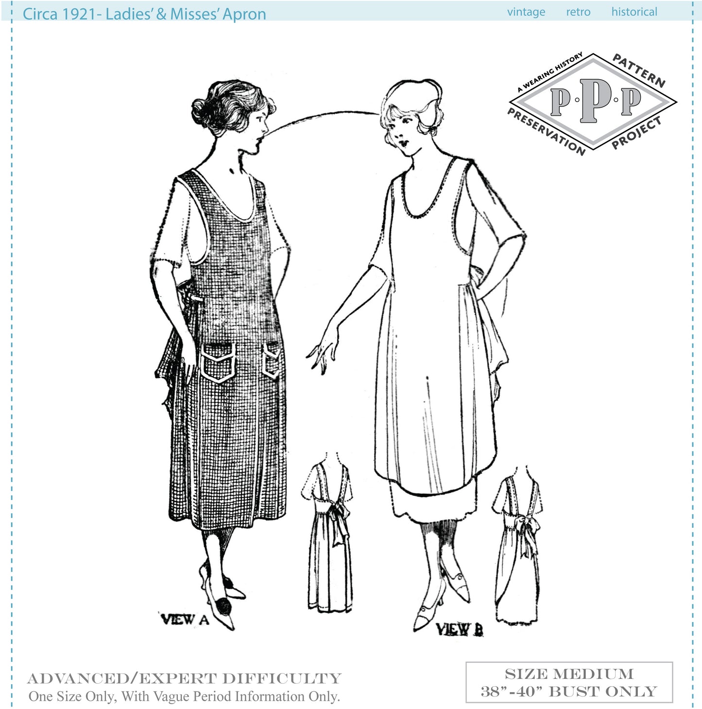PRINTED PATTERN- Circa 1921 Ladies & Misses Apron Pattern- Size Medium- Bust 38-40