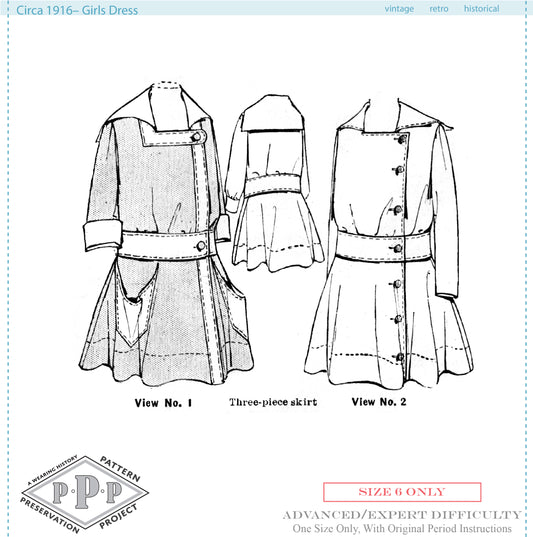 Printed Pattern- Circa 1916 Girl's Dress- Size 6