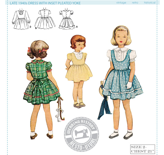 PRINTED PATTERN- Late 1940's Girl's Size 2 Dress with Pleated Inset Yoke Pattern