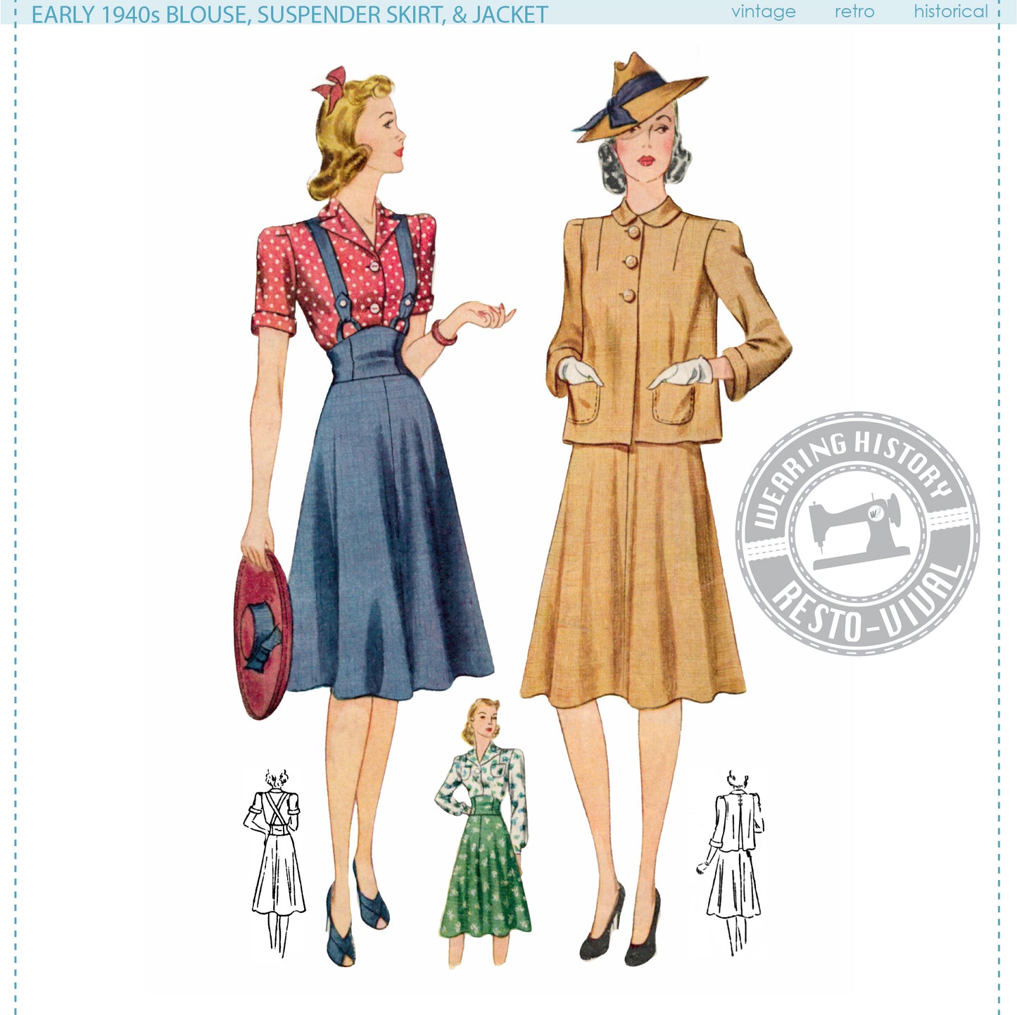 PRINTED PATTERN- Early 1940s Blouse, Suspender Skirt, & Jacket