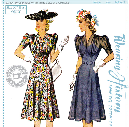 Printed Pattern- Early 1940s Dress- Bust 36"- With Three Sleeve Options (Copy)