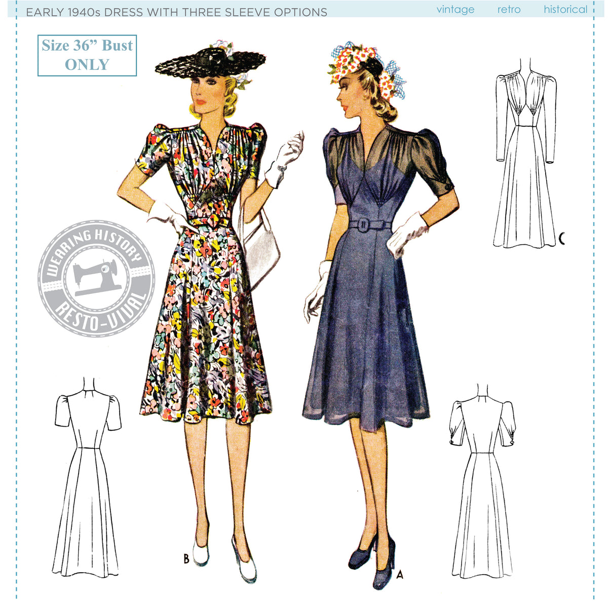 Printed Pattern- Early 1940s Dress- Bust 36"- With Three Sleeve Options (Copy)