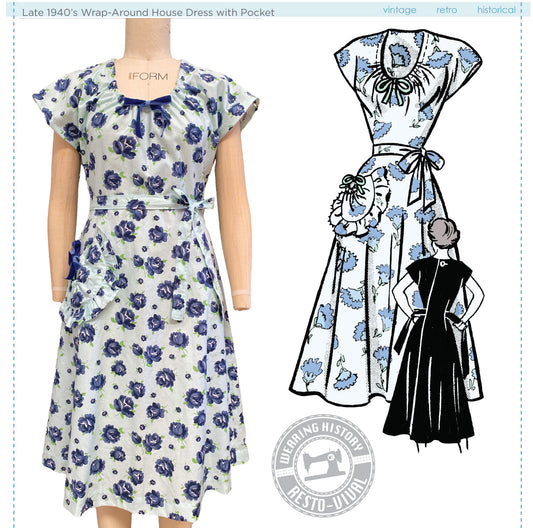 PRINTED PATTERN- Late 1940s Wrap Around House Dress with Pocket- Size 30"-42" Bust
