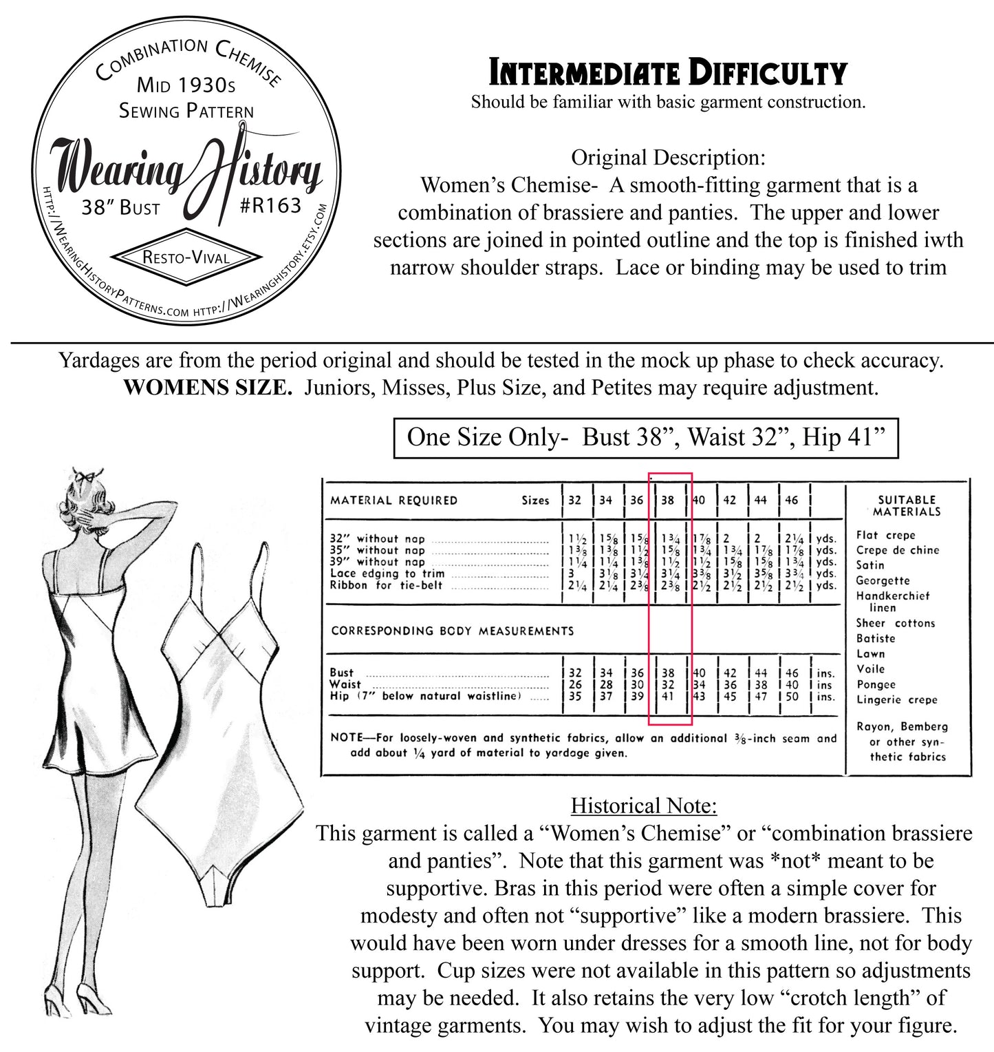 PRINTED PATTERN- Size 38 Bust- Mid 1930s Combination Underwear- Bias Cut Teddy Pattern (Copy)