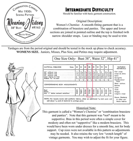 PRINTED PATTERN- Size 38 Bust- Mid 1930s Combination Underwear- Bias Cut Teddy Pattern (Copy)
