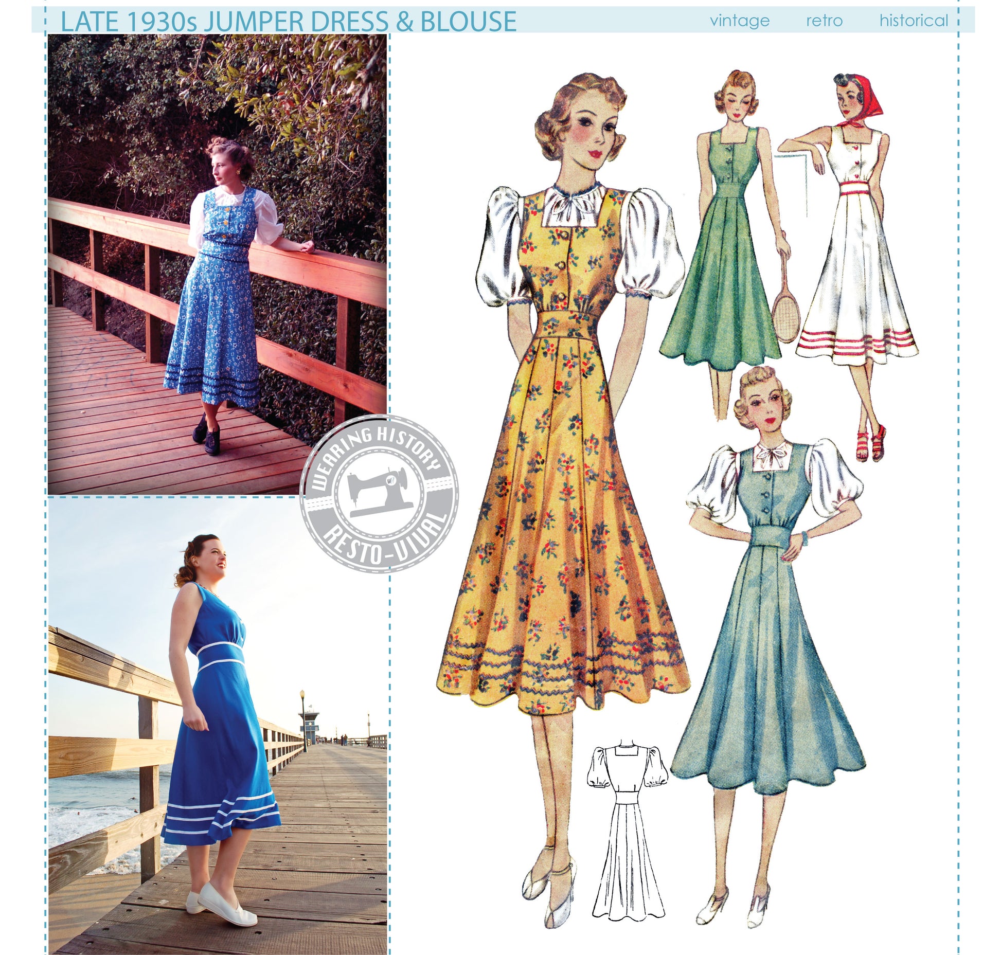 PRINTED PATTERN- Late 1930s Jumper Dress & Blouse Pattern- 30-46" Bust Wearing History PRINTED PATTERN- Late 1930s Jumper Dress & Blouse Pattern- 30-46" Bust Wearing History