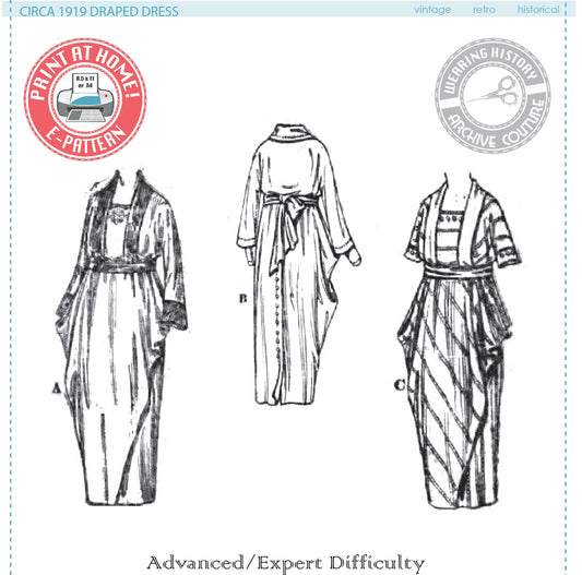 Printed Pattern-  Circa 1919 Draped Dress- 1910s- WWI- Bust 36"
