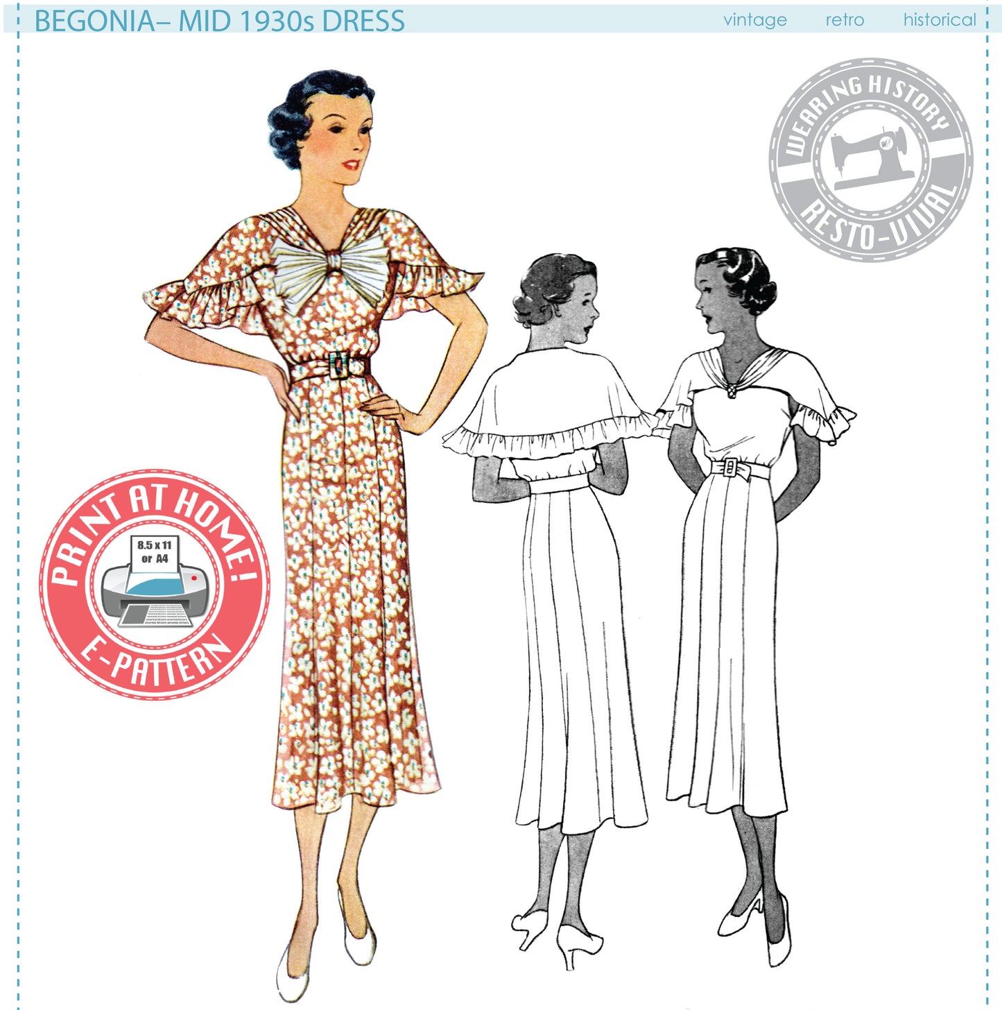 E-Pattern- Begonia– Mid 1930s Dress Pattern- Bust 30"-42" or 41"-51"