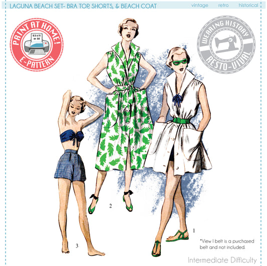 E-Pattern- Circa 1950 Laguna Beach Set- Bra Top, Shorts, and Beach Coat