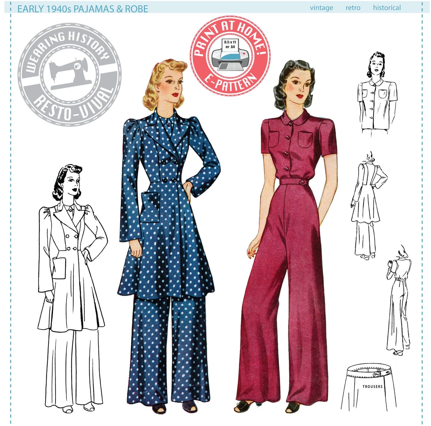 E-Pattern- Early 1940s Pajamas & Coat Pattern- Sizes 30-44" Bust