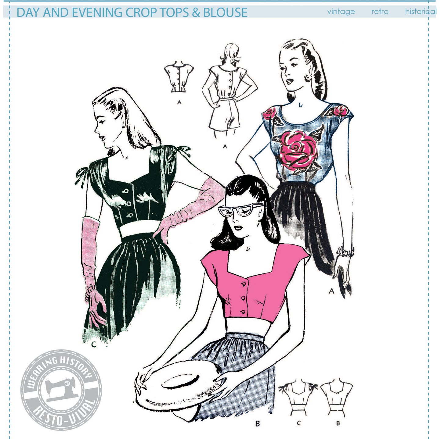 PRINTED PATTERN- Lana- 1940's Blouse and Crop Tops Pattern- 30"-42" Bust