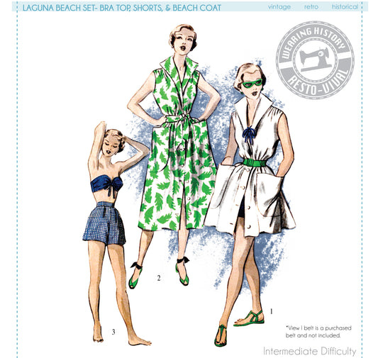Printed Pattern- Circa 1950 Laguna Beach Set- Bra Top, Shorts, and Beach Coat