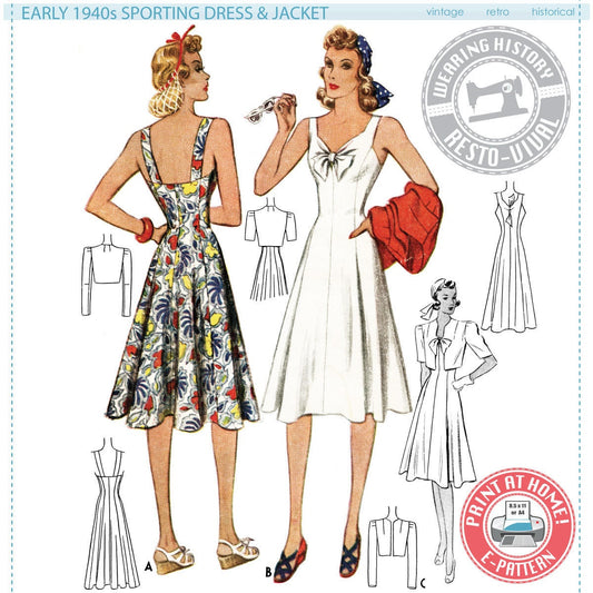 E-Pattern- Early 1940s Sports Dress and Jacket Pattern- 30"-44" Bust