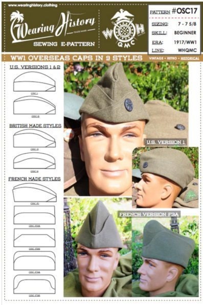 E-PATTERN - WW1 Overseas Caps in 9 Styles - Pick Your Size- Hat Size 7 to 7 5/8