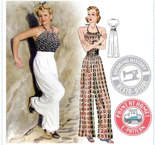 E-Pattern- Late 1930s Elastic Waist Trousers & Halter Top Beach Pajamas- Bust 30"-38"
