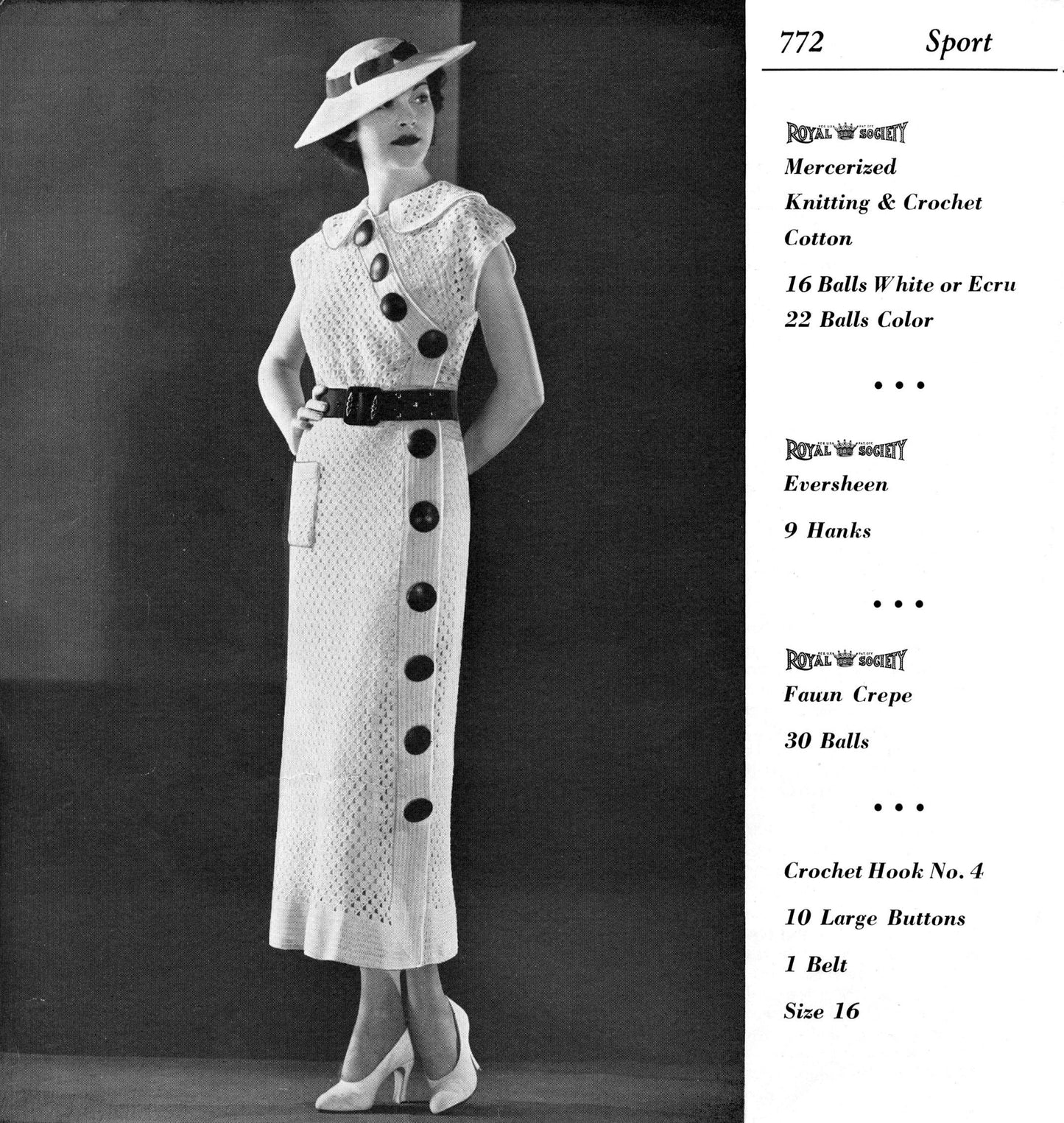 1930s Crochet Sports Dress- BIG BUTTONS- Crochet Pattern- Size 34" Bust