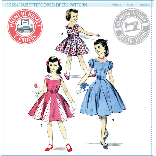 E-Pattern- 1950s "Suzette" Girls Gored Dress Pattern- Sizes 2-12