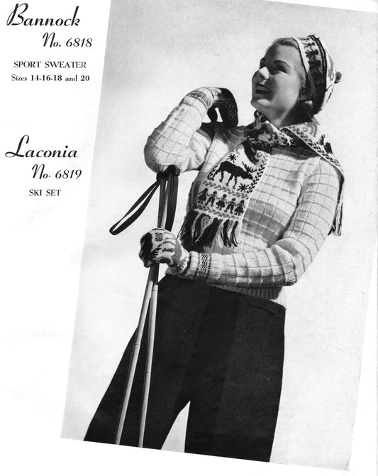 1940s Sports Sweater & Ski Set- Hat- Mittens- Scarf- Novelty Moose-  Knitting Pattern- 32"-38" Bust