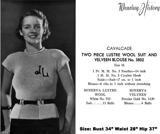 1930s 1934 Cavalcade Knit Blouse, Skirt, Jacket set- Knitting Pattern- 34" Bust