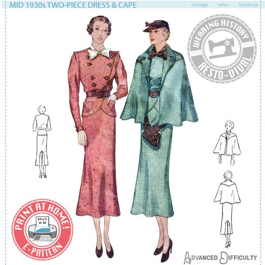 E-PATTERN- Mid 1930s Blouse, Skirt & Cape Pattern- Bust 30-42"