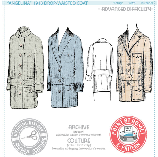 E-Pattern-  1913 Drop-Waisted Coat Jacket- Bust 34"
