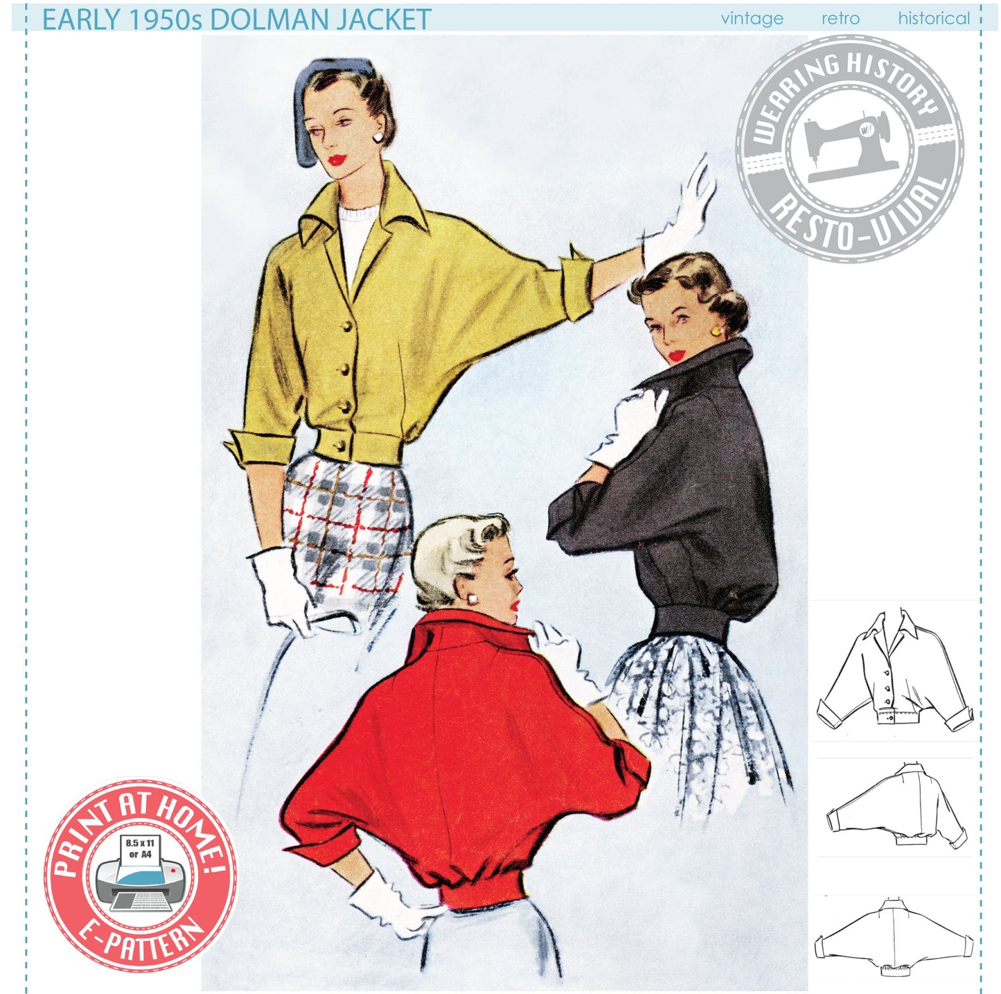 E-Pattern- 1950s "Wanda" Dolman Jacket Pattern- Sizes 30-46" Bust