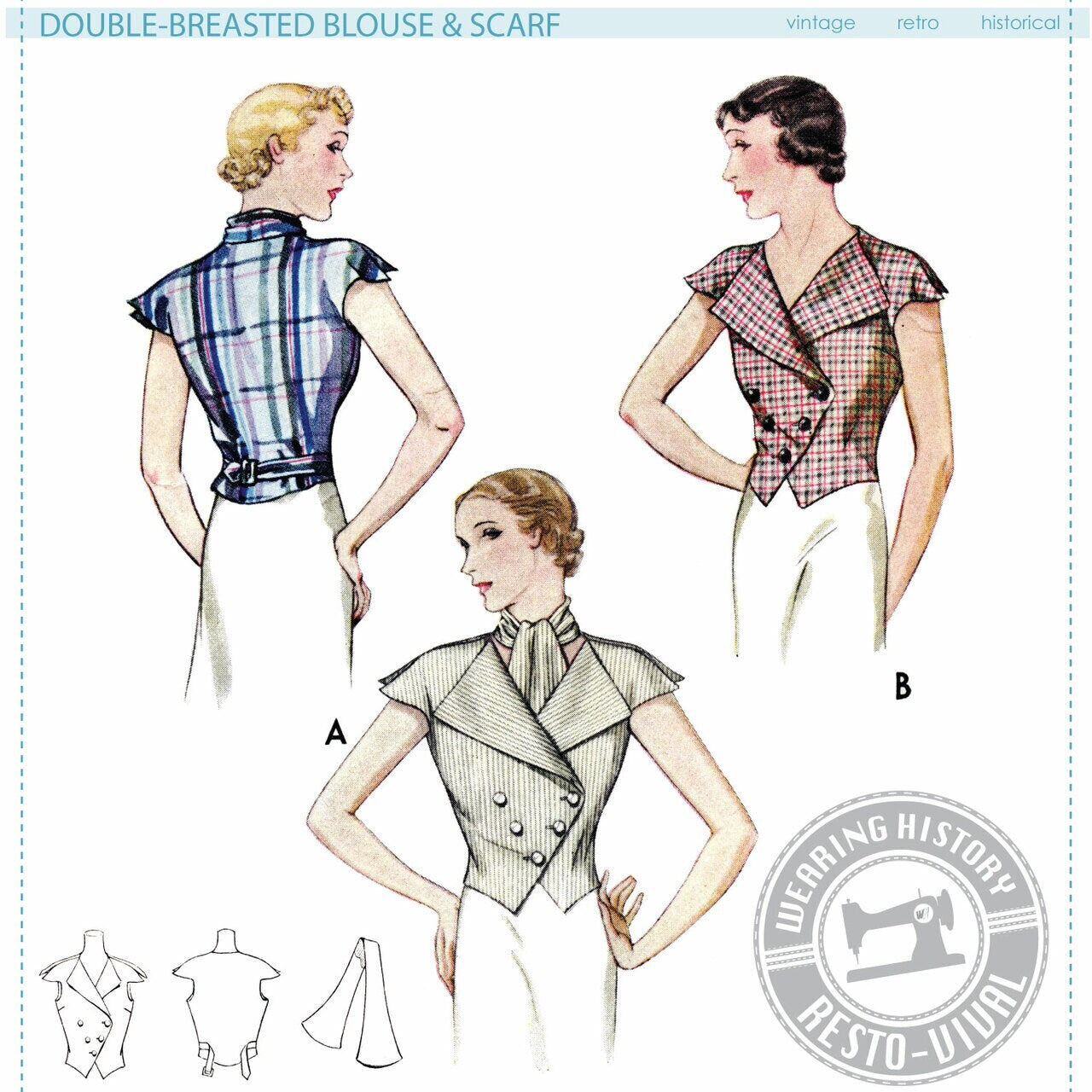 PRINTED PATTERN- 1930s Double Breasted Blouse & Scarf Pattern