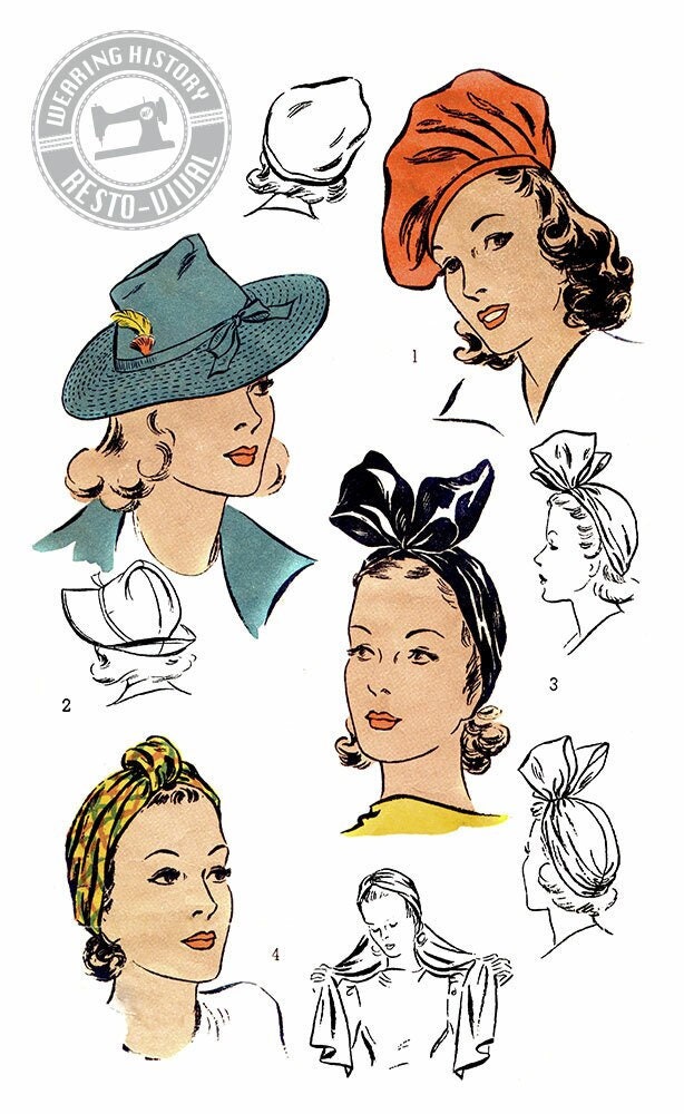 PRINTED PATTERN- 1940s Hat Wardrobe Pattern- Size 22" Head