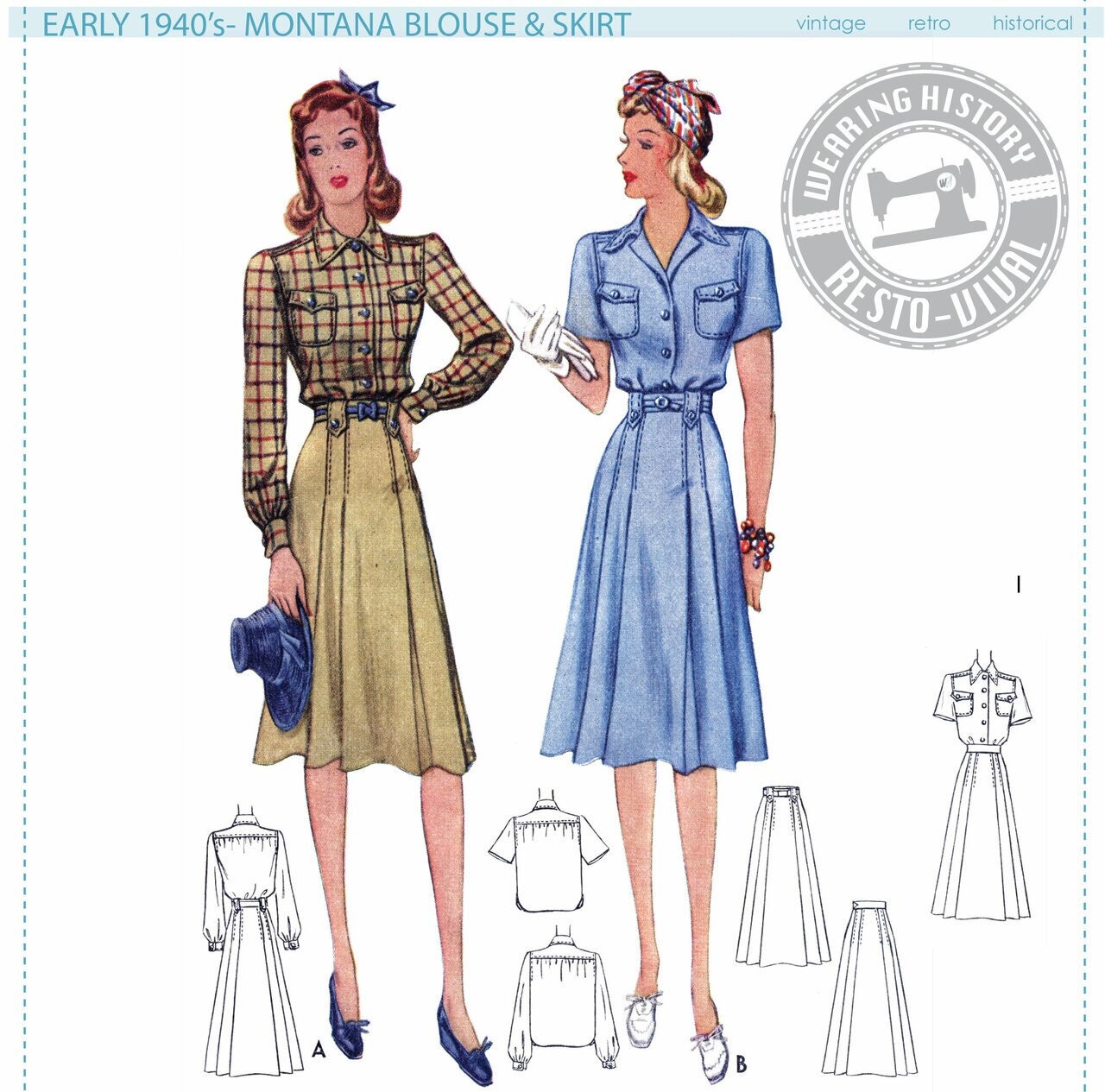 PRINTED PATTERN- Early 1940s Montana Blouse & Skirt Pattern- 30