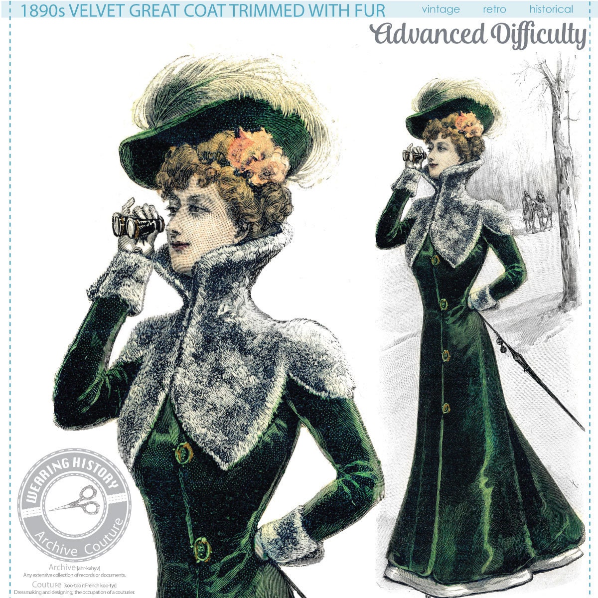 PRINTED PATTERN- Victorian 1890s Great Coat with Fur- Bust 34"