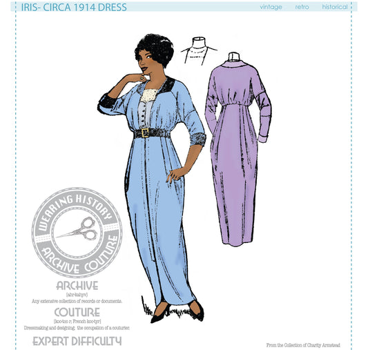 PRINTED PATTERN-  Iris Circa 1914 Dress- 1910s- WWI- Bust 34" - Edwardian Wearing History 1900 Vintage Historical Costume Sewing Pattern