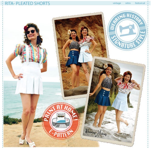 E-Pattern- "Rita" Pleated Shorts- Late 1930s 1940s Style- 24"-34" Waist